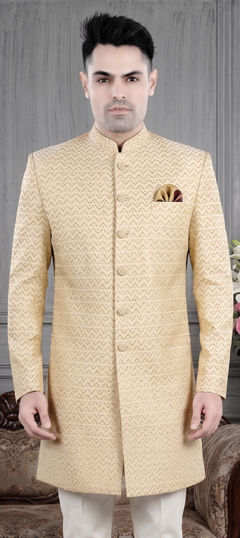 Beige and Brown color Kurta in Jacquard fabric with Weaving work