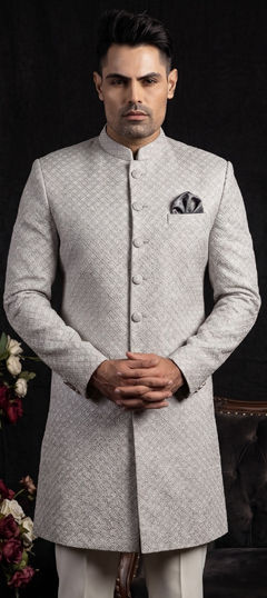 Black and Grey color Kurta in Jacquard fabric with Weaving work