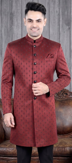 Red and Maroon color Kurta in Jacquard fabric with Bugle Beads, Thread work