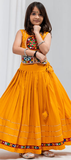 Yellow color Kids Lehenga in Rayon fabric with Embroidered, Gota Patti, Lace, Mirror, Patch work