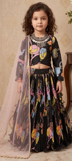 Black and Grey color Kids Lehenga in Chinon Silk fabric with Digital Print work