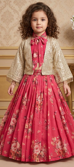 Pink and Majenta color Kids Lehenga in Faux Georgette fabric with Embroidered, Lace, Sequence work