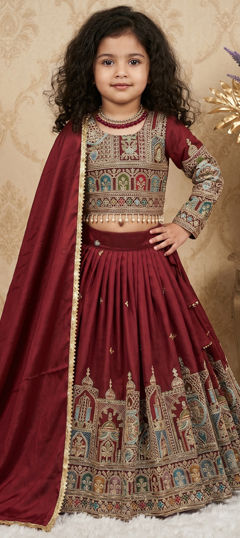 Red and Maroon color Kids Lehenga in Silk fabric with Embroidered, Lace, Sequence, Thread work