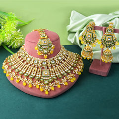 Gold Rodium Polish Yellow color Necklace in Metal Alloy studded with CZ Diamond, Kundan, Pearl