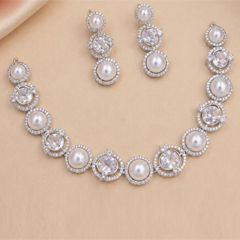 Gold Rodium Polish White and Off White color Necklace in Brass studded with Austrian diamond, Beads