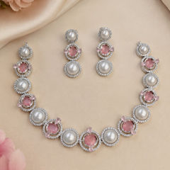 Gold Rodium Polish Pink and Majenta color Necklace in Brass studded with Austrian diamond, Beads
