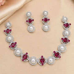 Gold Rodium Polish Red and Maroon color Necklace in Brass studded with Austrian diamond, Beads