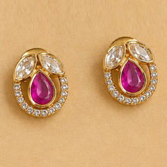 Gold Rodium Polish Pink and Majenta color Earrings in Metal Alloy studded with Kundan