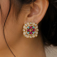 Gold Rodium Polish Multicolor color Earrings in Copper studded with CZ Diamond
