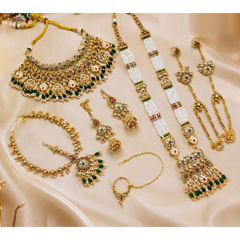 Gold Rodium Polish Green color Bridal Jewelry in Copper studded with CZ Diamond, Pearl