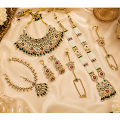 Gold Rodium Polish Green, Red and Maroon color Bridal Jewelry in Copper studded with CZ Diamond, Pearl