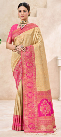 Beige and Brown, Pink and Majenta color Saree in Kanjeevaram Silk fabric with Weaving work