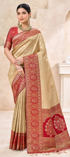 Beige and Brown, Red and Maroon color Saree in Kanjeevaram Silk fabric with Weaving work