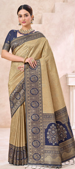 Beige and Brown, Blue color Saree in Kanjeevaram Silk fabric with Weaving work