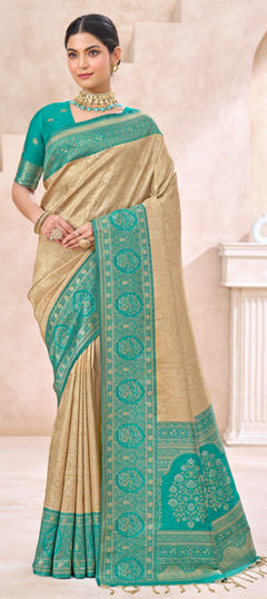 Beige and Brown, Green color Saree in Kanjeevaram Silk fabric with Weaving work