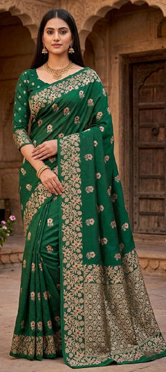 Green color Saree in Banarasi Silk fabric with Weaving, Zari work