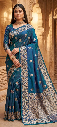 Green color Saree in Banarasi Silk fabric with Weaving, Zari work