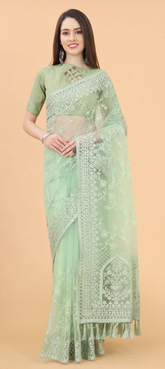 Green color Saree in Net fabric with Embroidered work