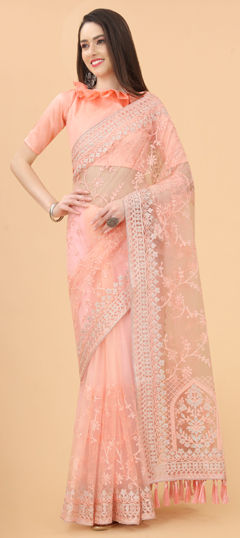 Pink and Majenta color Saree in Net fabric with Embroidered work