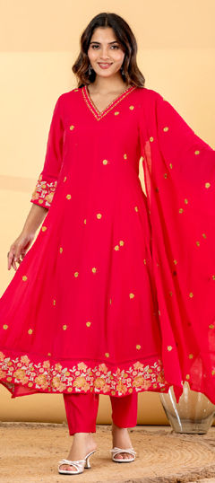 Pink and Majenta color Salwar Kameez in Mul Chanderi fabric with Bugle Beads, Embroidered work