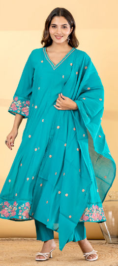 Blue color Salwar Kameez in Mul Chanderi fabric with Bugle Beads, Embroidered work