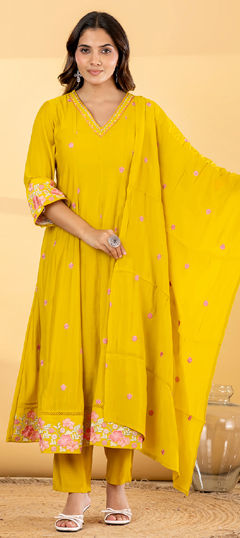 Yellow color Salwar Kameez in Mul Chanderi fabric with Bugle Beads, Embroidered work