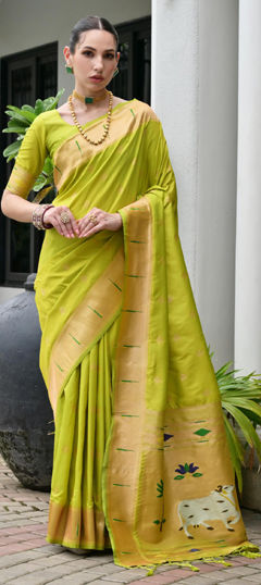 Green color Saree in Banarasi Silk fabric with Weaving work