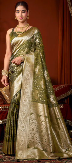 Green color Saree in Silk fabric with Weaving work