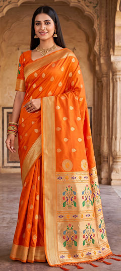 Orange color Saree in Silk fabric with Weaving, Zari work