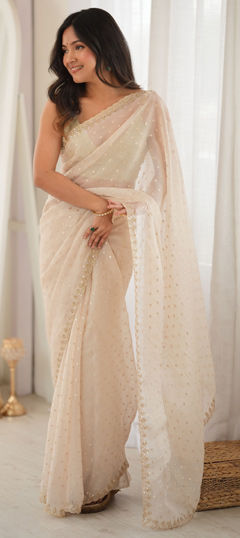 White and Off White color Saree in Faux Chiffon fabric with Embroidered, Weaving work