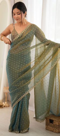 Green color Saree in Faux Chiffon fabric with Embroidered, Weaving work