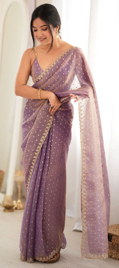 Purple and Violet color Saree in Faux Chiffon fabric with Embroidered, Weaving work