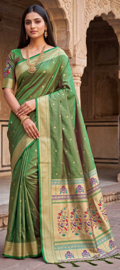 Green color Saree in Silk fabric with Weaving, Zari work