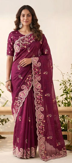 Pink and Majenta color Saree in Silk fabric with Embroidered work