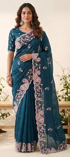 Blue color Saree in Silk fabric with Embroidered work