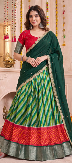 Green color Lehenga in Tussar Silk fabric with Lehariya, Printed, Weaving, Zari work