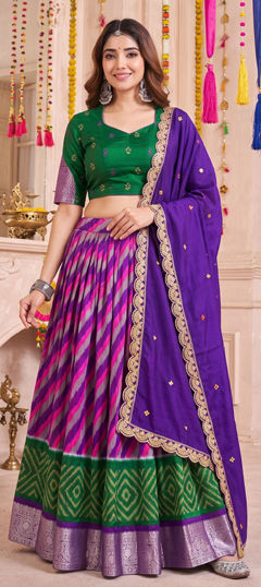 Purple and Violet color Lehenga in Tussar Silk fabric with Lehariya, Printed, Weaving, Zari work