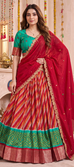 Red and Maroon color Lehenga in Tussar Silk fabric with Lehariya, Printed, Weaving, Zari work