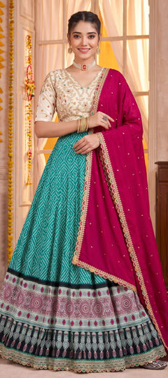 Blue color Lehenga in Rayon fabric with Bandhej, Embroidered, Lace, Printed, Sequence, Thread work