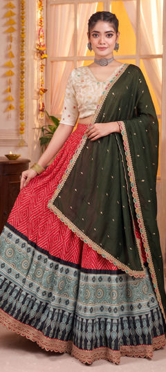 Red and Maroon color Lehenga in Rayon fabric with Bandhej, Embroidered, Lace, Printed, Sequence, Thread work