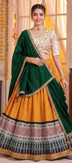 Yellow color Lehenga in Rayon fabric with Bandhej, Embroidered, Lace, Printed, Sequence, Thread work