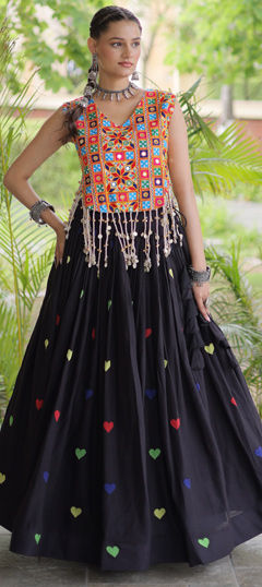 Black and Grey color Ready to Wear Lehenga in Cotton fabric with Embroidered, Mirror, Thread work