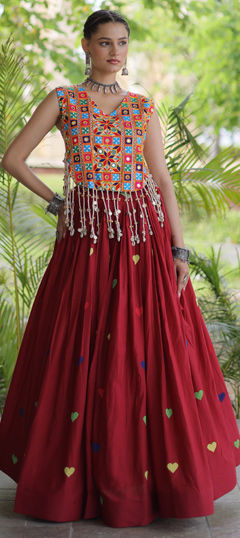 Red and Maroon color Ready to Wear Lehenga in Cotton fabric with Embroidered, Mirror, Thread work