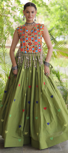 Green color Ready to Wear Lehenga in Cotton fabric with Embroidered, Mirror, Thread work