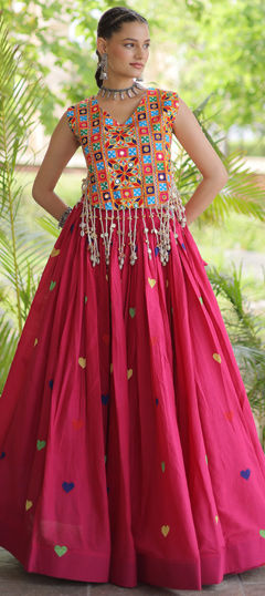 Pink and Majenta color Ready to Wear Lehenga in Cotton fabric with Embroidered, Mirror, Thread work
