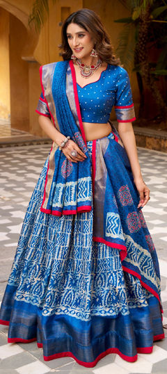 Blue color Lehenga in Silk fabric with Printed, Weaving, Zari work