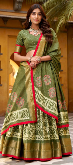 Green color Lehenga in Silk fabric with Printed, Weaving, Zari work