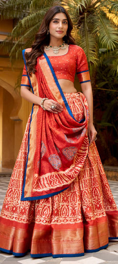 Orange color Lehenga in Silk fabric with Printed, Weaving, Zari work