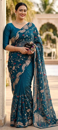 Blue color Saree in Silk fabric with Embroidered work