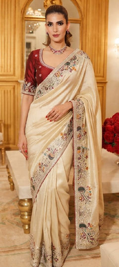 Beige and Brown color Saree in Kanjeevaram Silk fabric with Embroidered, Sequence, Stone work